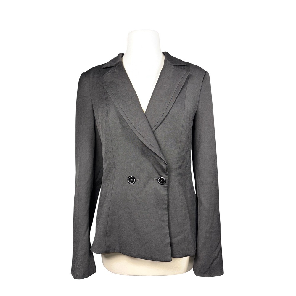 White House Black Market Womens Black Wool Blend Double Breasted Blazer 12 E1